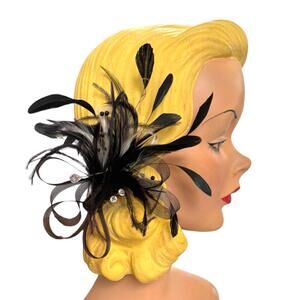 Bel Aire Bridal Black Feather Fascinator Hair Clip Mesh Beaded Formal Gothic